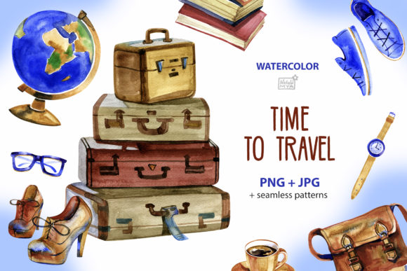 Time to Travel Watercolor Cliparts: Unlock Creative DIY Design with Hand-Drawn Digital Art